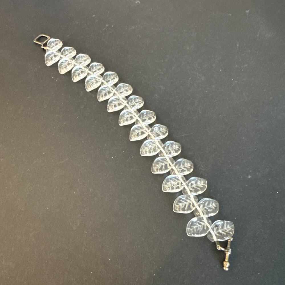 Clear Glass Leaf Bead Bracelet 7” Silver Tone Toggle Clasp Handmade